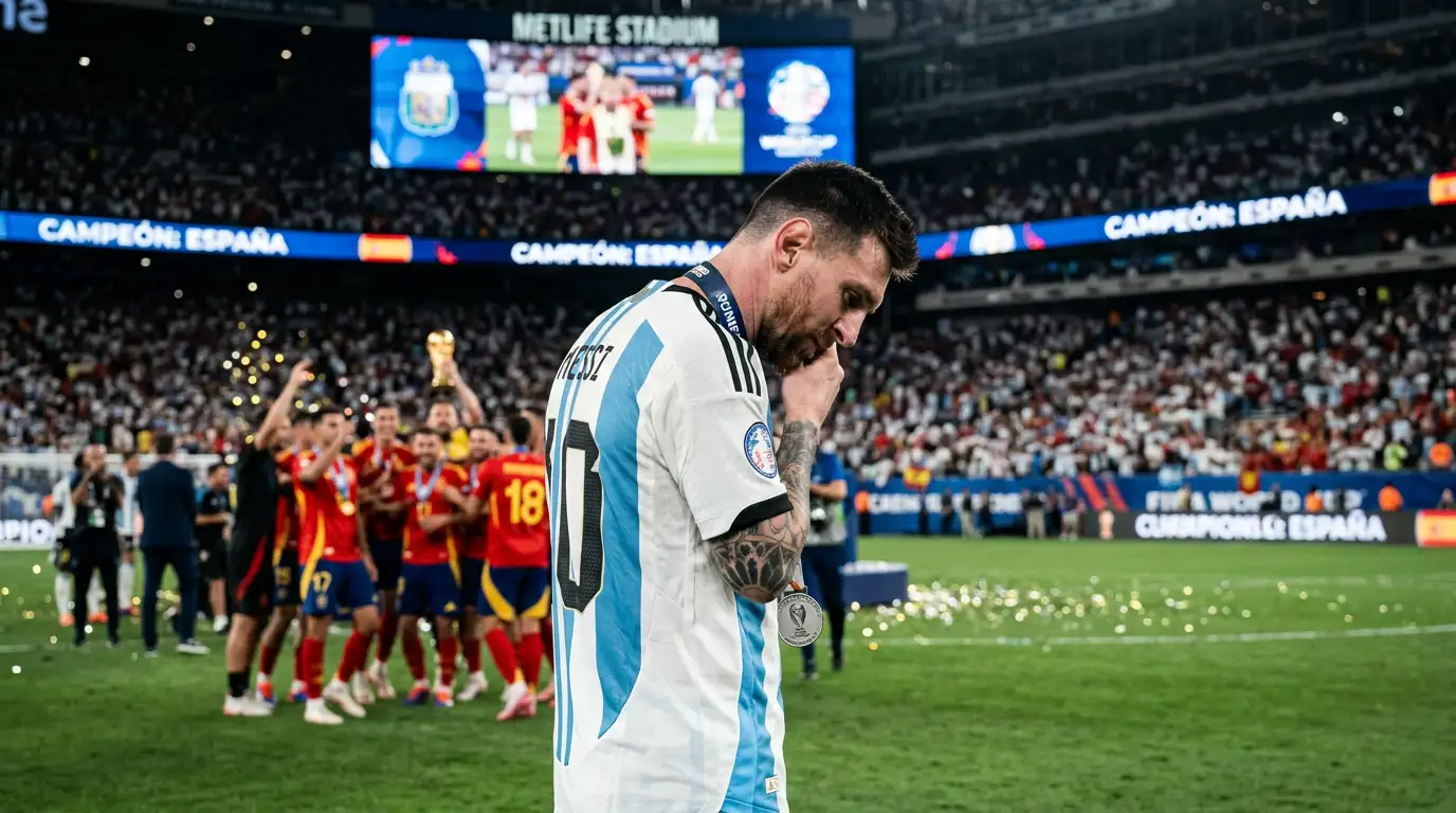 Lionel Messi cabizbajo con la medalla de subcampeón colgada al cuello, mientras jugadores españoles celebran al fondo con el trofeo
