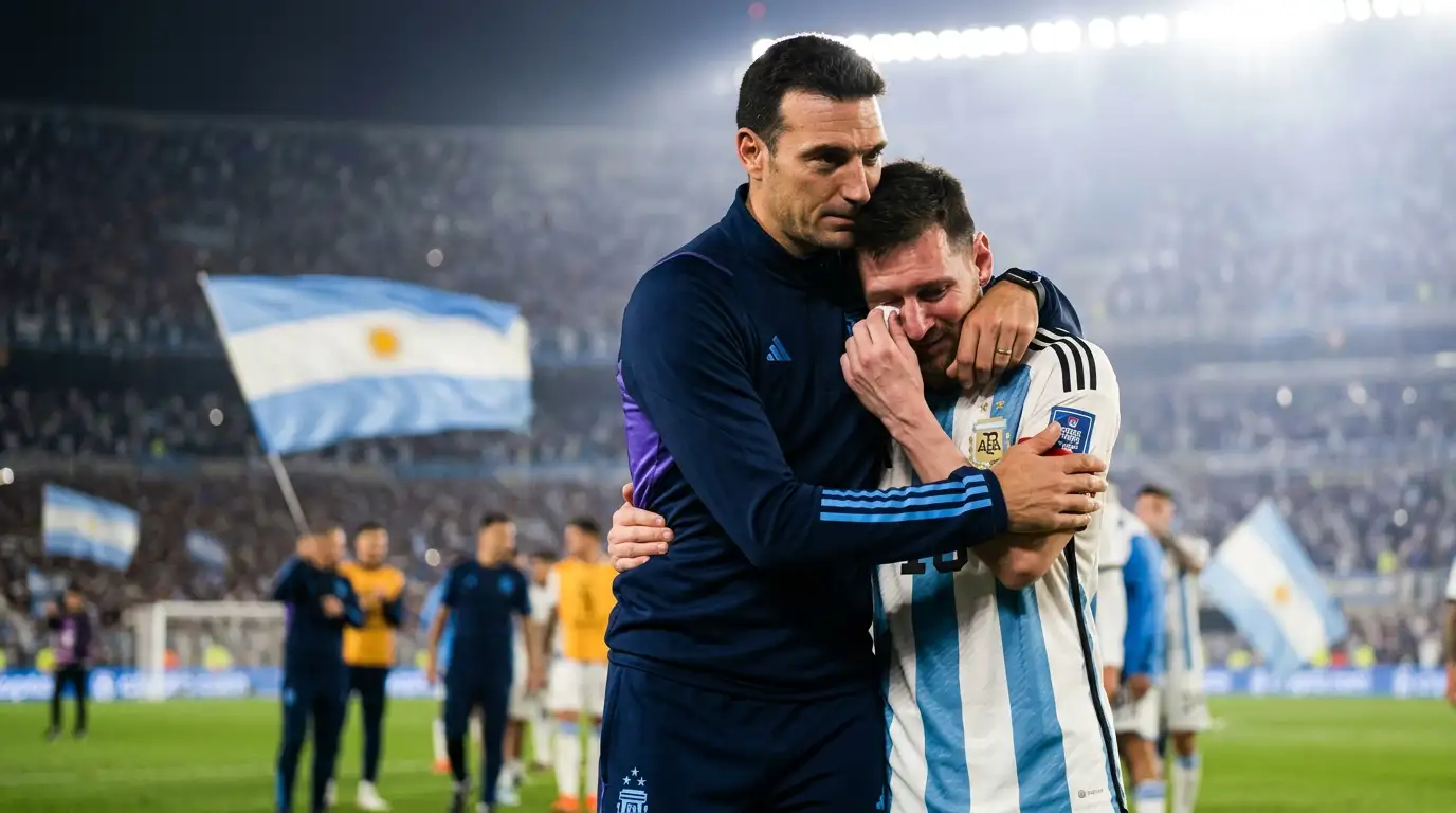 Lionel Scaloni abraza a Messi en el campo mientras el capitán argentino se limpia las lágrimas, con la bandera de Argentina ondeando al fondo