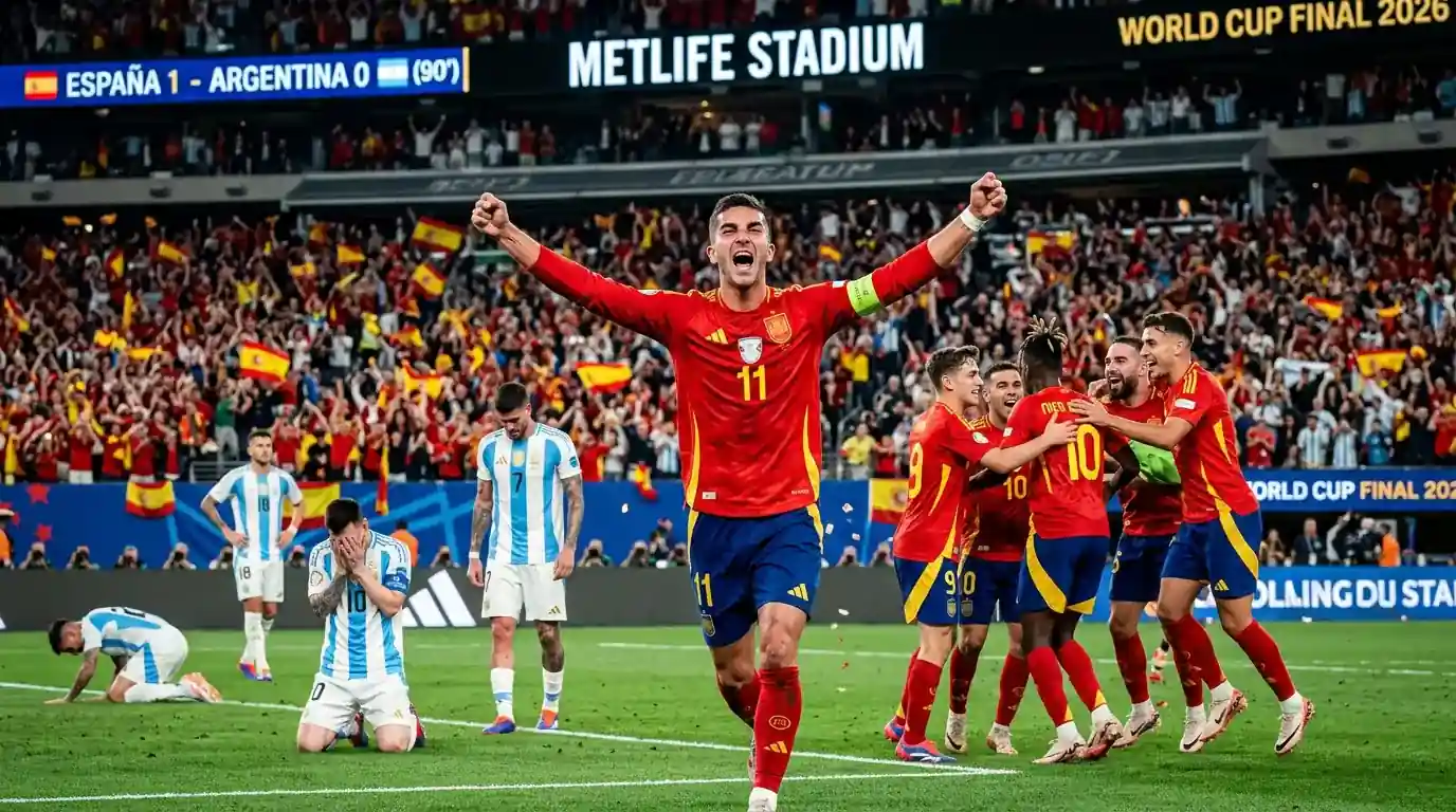 Ferran Torres celebra el gol del campeonato mientras los jugadores argentinos lamentan la derrota en el MetLife Stadium