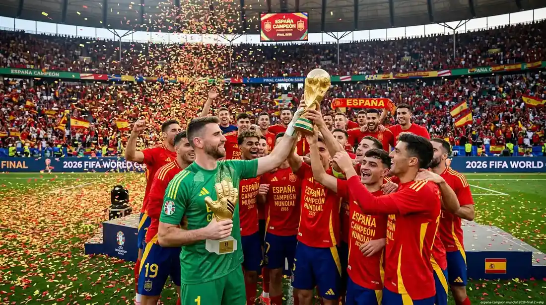 Unai Simón levanta el Guante de Oro junto al trofeo de campeón, rodeado de sus compañeros que celebran con la camiseta española
