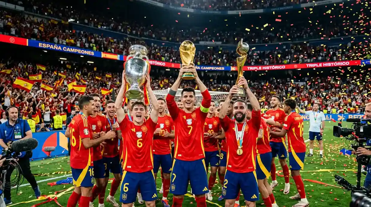 La selección española al completo celebra con los tres trofeos: la Copa del Mundo masculina, el trofeo de la Eurocopa 2024, y una representación del título femenino 2023