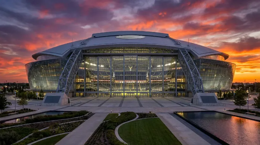 Exterior de un estadio moderno de fútbol en Estados Unidos al atardecer con reflectores encendidos y cielo anaranjado