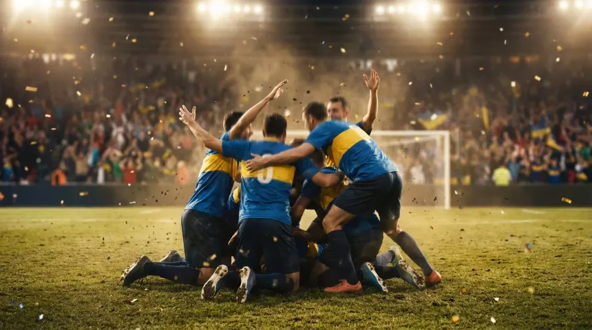 Jugadores de una selección sudamericana celebrando un gol en un estadio moderno durante un partido oficial