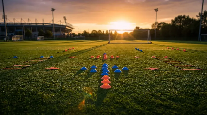 Vista panorámica de un campo de fútbol con marcas tácticas y conos de entrenamiento antes de un partido internacional