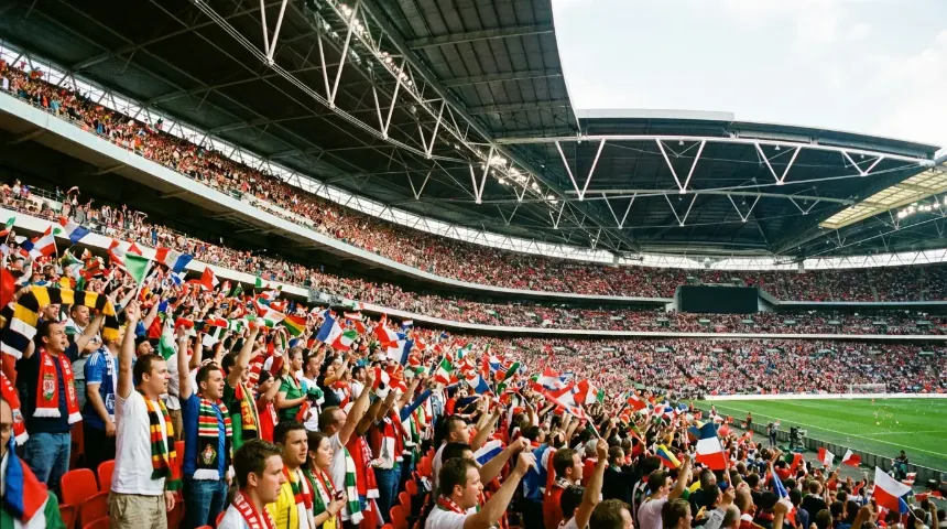 Aficionados de distintas nacionalidades reunidos en las gradas de un estadio norteamericano con banderas y camisetas de sus selecciones