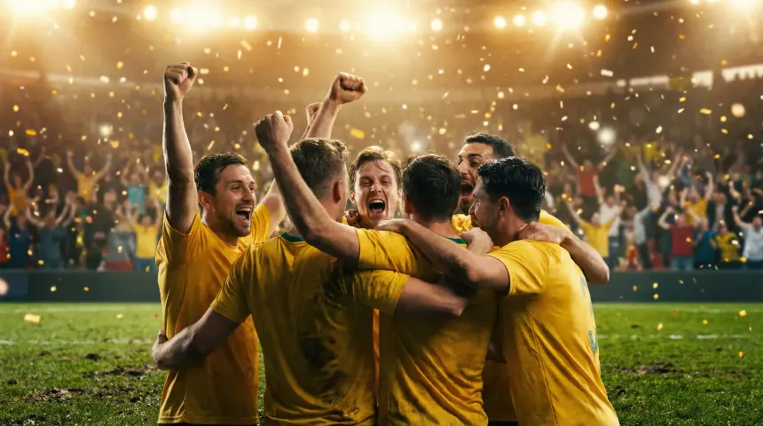 Jugadores de la selección colombiana de fútbol celebrando un gol en un estadio durante las eliminatorias al Mundial 2026
