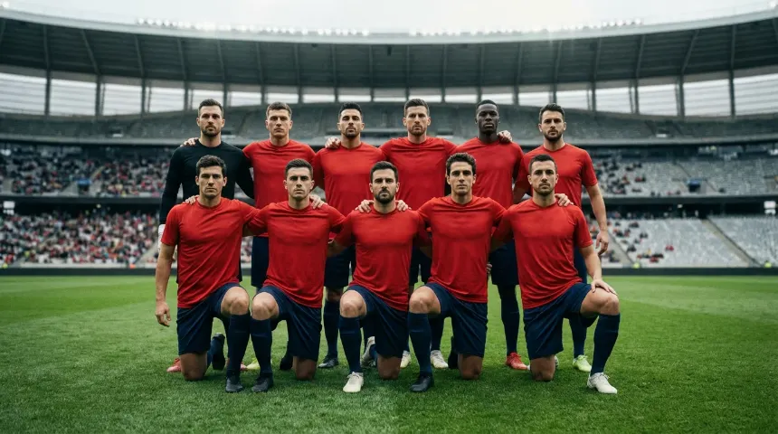 Jugadores de la selección española de fútbol en formación sobre césped antes de un partido del Mundial 2026