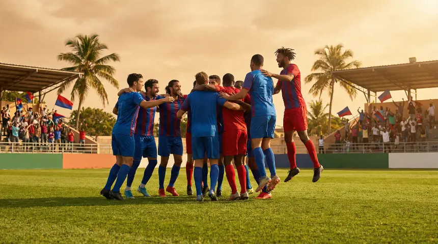 Jugadores de la selección haitiana de fútbol reunidos en el césped del estadio celebrando la clasificación al Mundial 2026