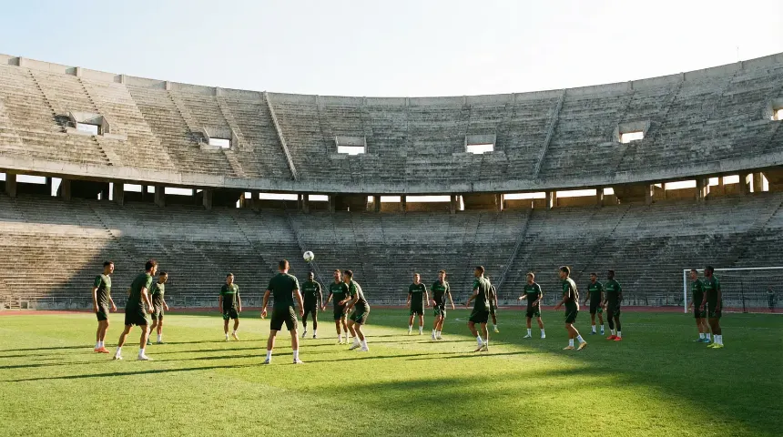 Jugadores de la selección mexicana de fútbol en el Estadio Azteca con la cancha de césped de fondo