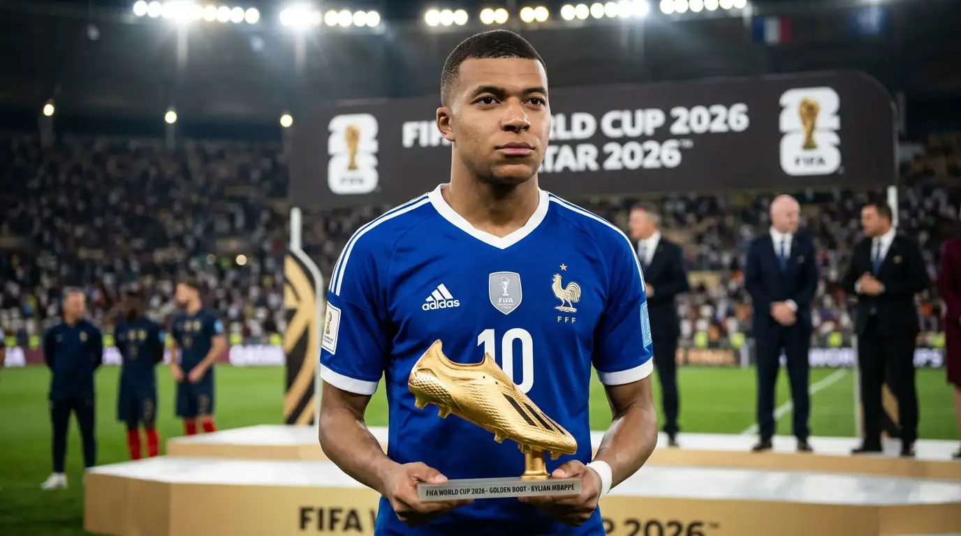 Kylian Mbappé levanta el trofeo de la Bota de Oro con expresión seria, sin la alegría típica de un ganador de premio individual