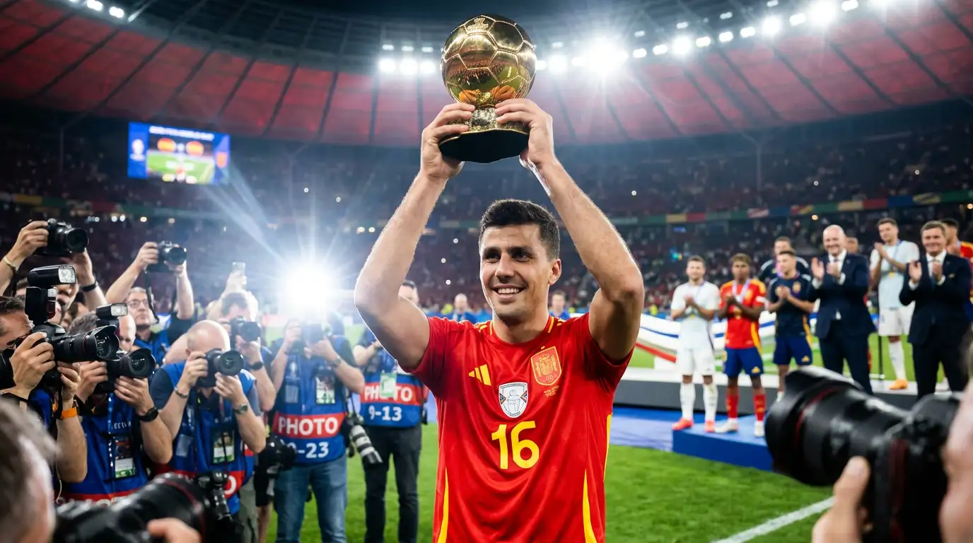 Rodri levanta el trofeo del Balón de Oro con la camiseta de España, sonriente y rodeado de flashes de cámaras en el estadio
